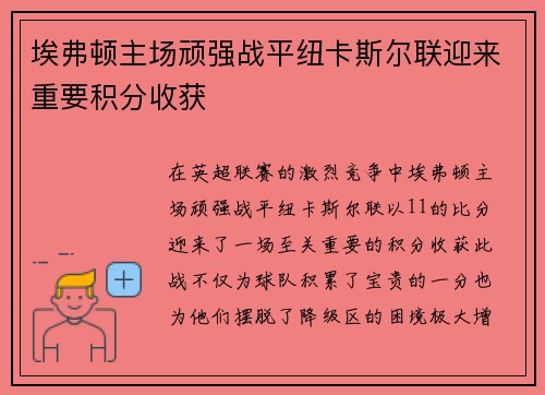 埃弗顿主场顽强战平纽卡斯尔联迎来重要积分收获